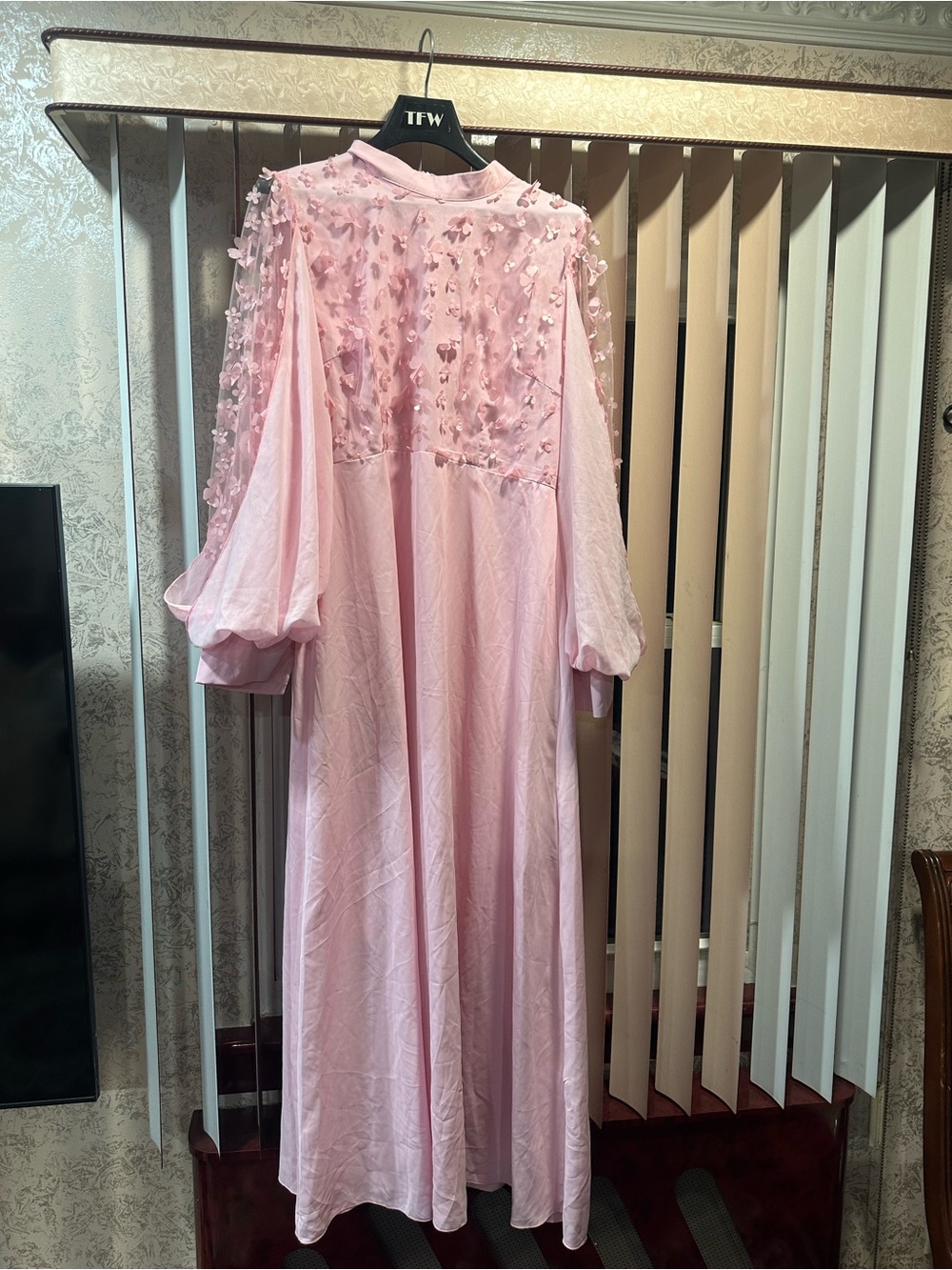 Pink Floral Appliqué Long Sleeve Maxi Dress